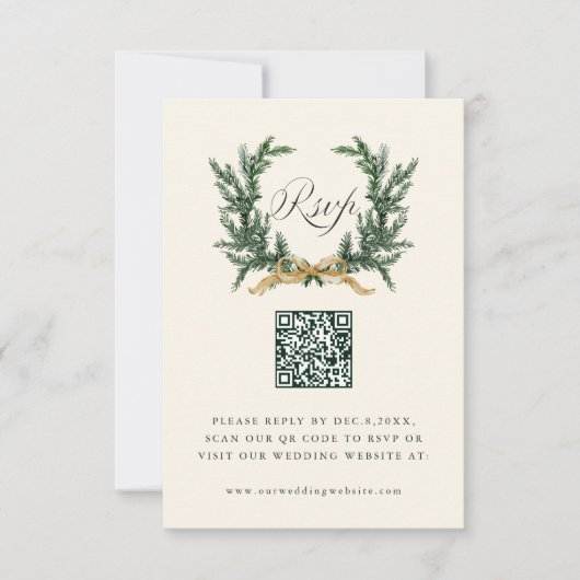 Gold Bow & Green Pine Wreath Wedding QR Code Ivory 出欠カード (正面)