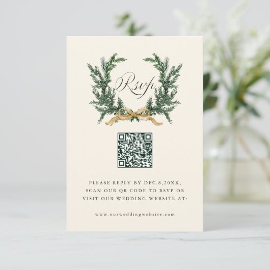 Gold Bow & Green Pine Wreath Wedding QR Code Ivory 出欠カード (スタンド正面)