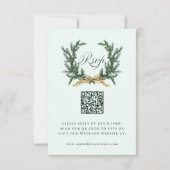 Gold Bow & Green Pine Wreath Wedding QR Code Mint 出欠カード (正面)