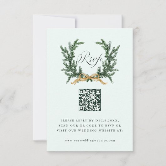 Gold Bow & Green Pine Wreath Wedding QR Code Mint 出欠カード (正面)