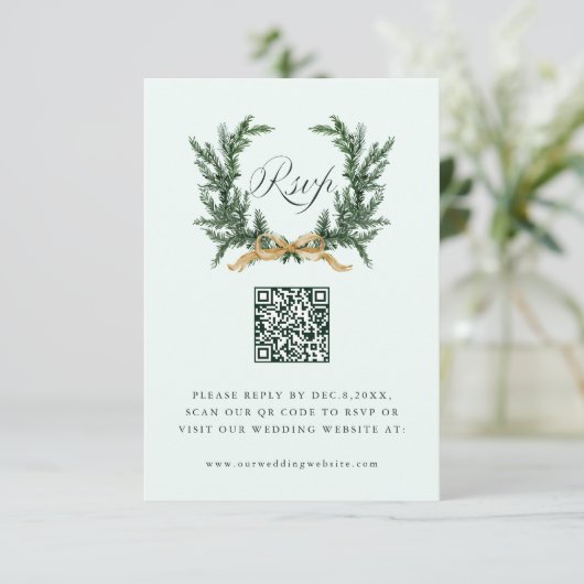 Gold Bow & Green Pine Wreath Wedding QR Code Mint 出欠カード (スタンド正面)