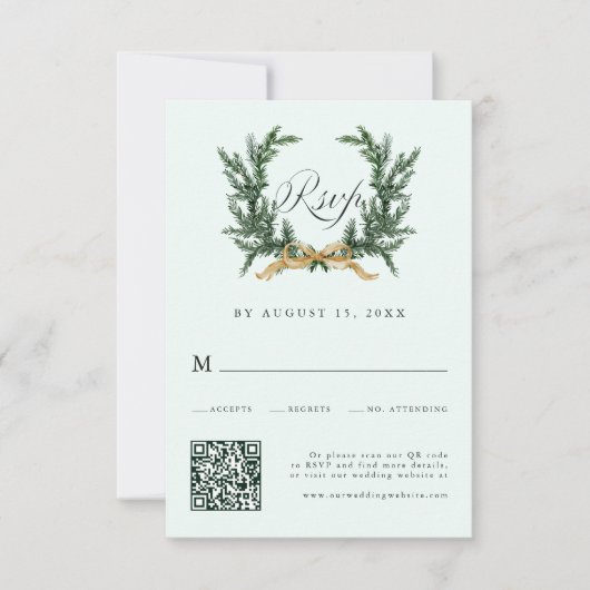 Gold Bow & Green Pine Wreath Wedding QR Code Mint 出欠カード (正面)