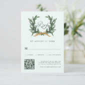 Gold Bow & Green Pine Wreath Wedding QR Code Mint 出欠カード (スタンド正面)