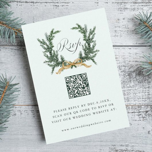 Gold Bow & Green Pine Wreath Wedding QR Code Mint 出欠カード