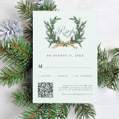 Gold Bow & Green Pine Wreath Wedding QR Code Mint 出欠カード