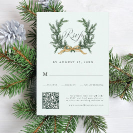 Gold Bow & Green Pine Wreath Wedding QR Code Mint 出欠カード