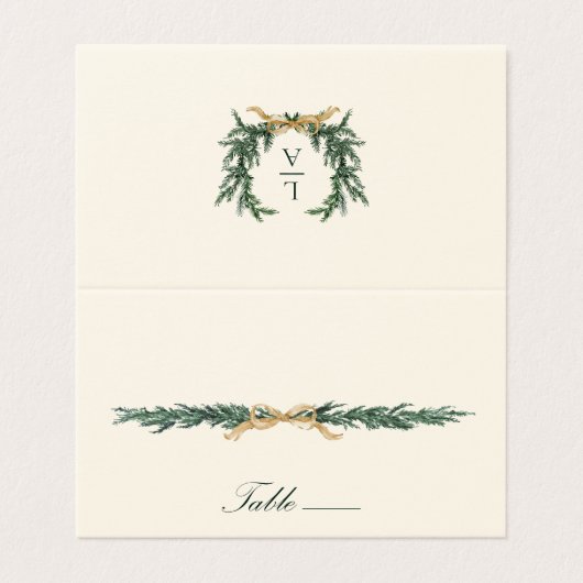 Gold Bow & Greenery Border Ivory Place Card (外部フラット)