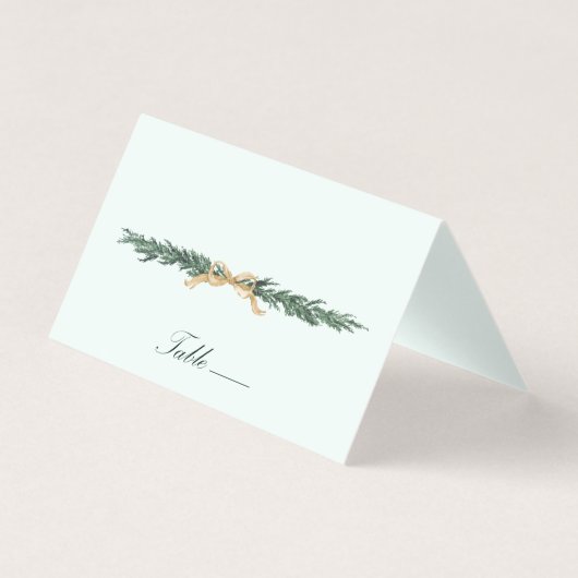 Gold Bow & Greenery Border Mint Wedding Place Card (正面)