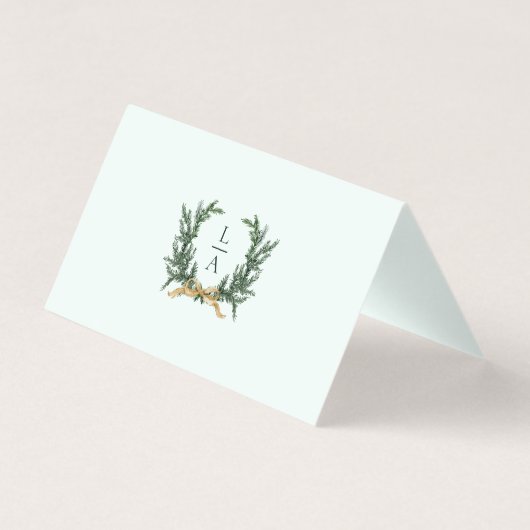 Gold Bow & Greenery Border Mint Wedding Place Card (裏面)