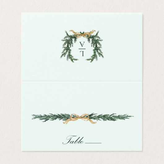 Gold Bow & Greenery Border Mint Wedding Place Card (外部フラット)