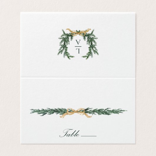 Gold Bow & Greenery Border Wedding Place Card (外部フラット)