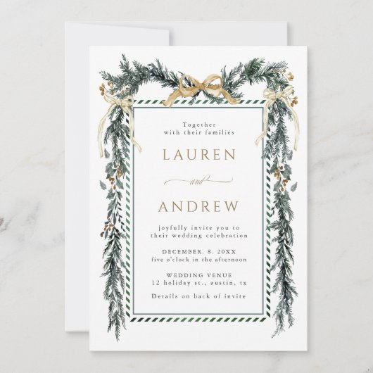 Gold Bow & Greenery Garland Wedding All in One 招待状 (正面)