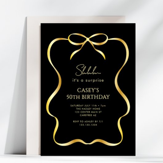 Gold Bow Ribbon Surprise 50th Birthday Invitation 招待状