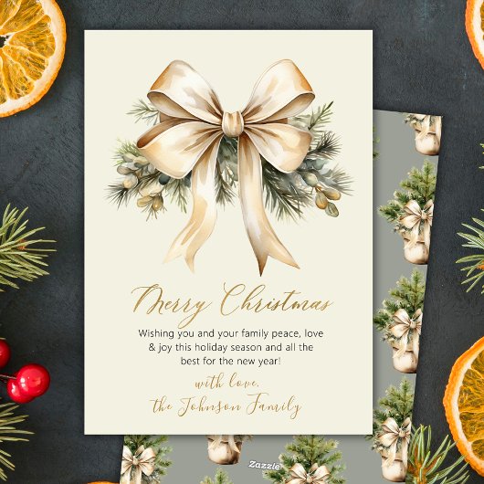 Gold Bow Watercolor Christmas Foliage Beige  シーズンカード