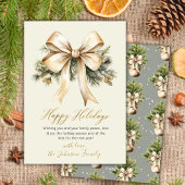 Gold Bow Watercolor Foliage Beige Christmas  シーズンカード