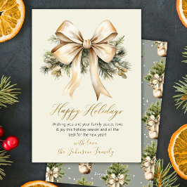 Gold Bow Watercolor Foliage Beige Christmas シーズンカード