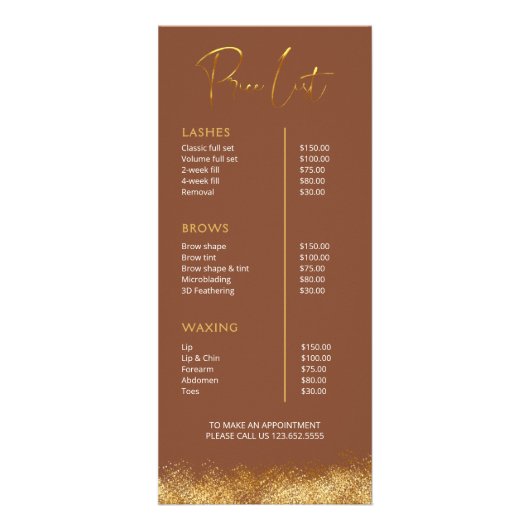 Gold & Brown Lash Tech Price List | Luxury Beauty  ラックカード (正面)