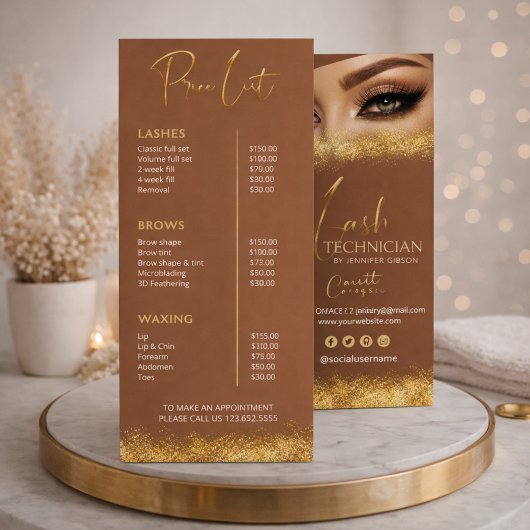 Gold & Brown Lash Tech Price List | Luxury Beauty  ラックカード