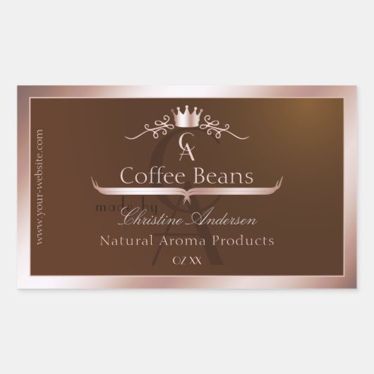 Gold Brown Product Label Rosegold Frame Monogram 長方形シール (正面)