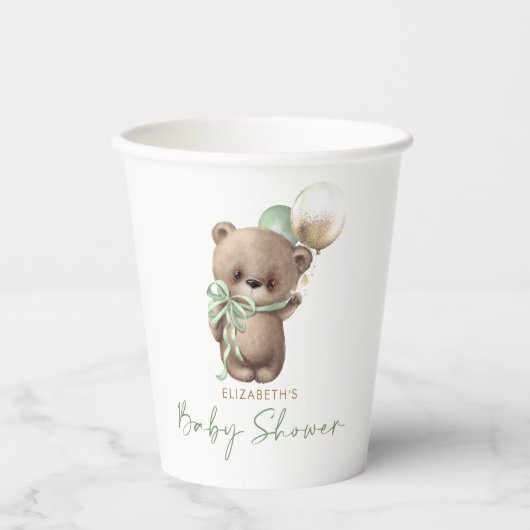 Gold Brown Sage Green Teddy Bear Baby Shower 紙コップ (正面)