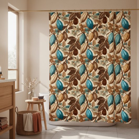 Gold Brown Turquoise Cacao Botanical Pattern シャワーカーテン