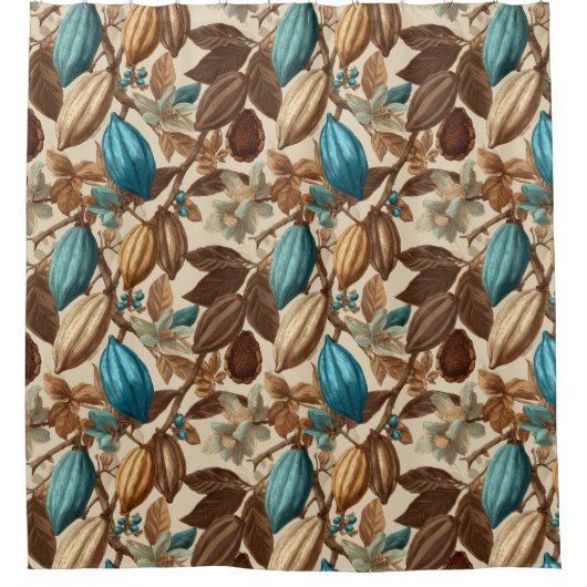 Gold Brown Turquoise Cacao Pattern シャワーカーテン (正面)