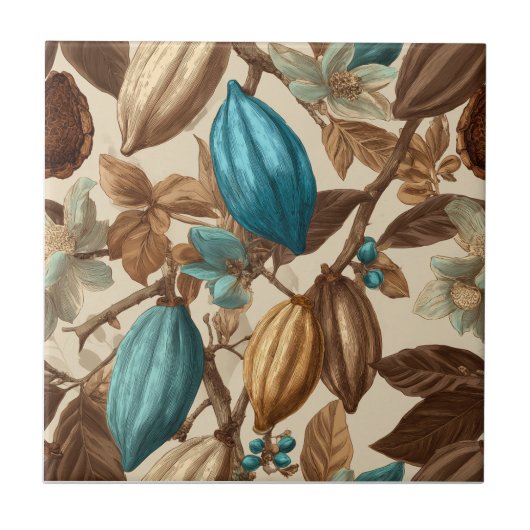 Gold Brown Turquoise Cacao Pattern タイル (正面)