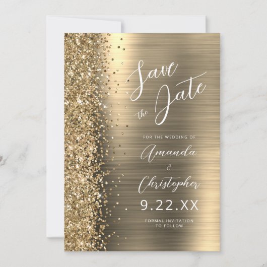 Gold Brushed Metal Script Save the Date 案内状 (正面)