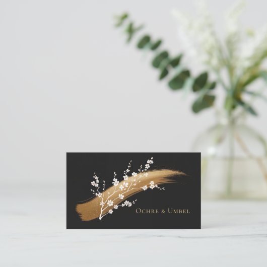 Gold Brushstroke White Floral Black Elegant 名刺 (スタンド正面)