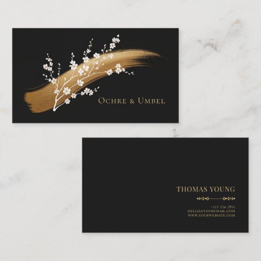 Gold Brushstroke White Floral Black Elegant 名刺 (正面/裏面)