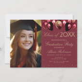 Gold Burgundy Balloons Graduation Party Photo 招待状 (正面)