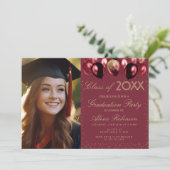 Gold Burgundy Balloons Graduation Party Photo 招待状 (スタンド正面)