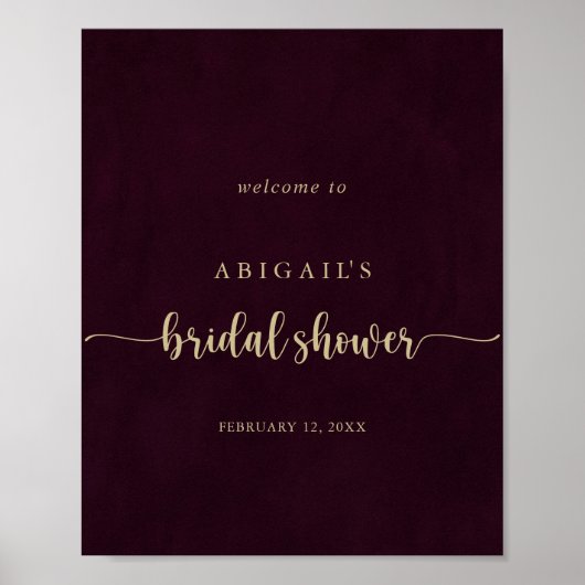 Gold Burgundy Calligraphy Bridal Shower Welcome ポスター (正面)
