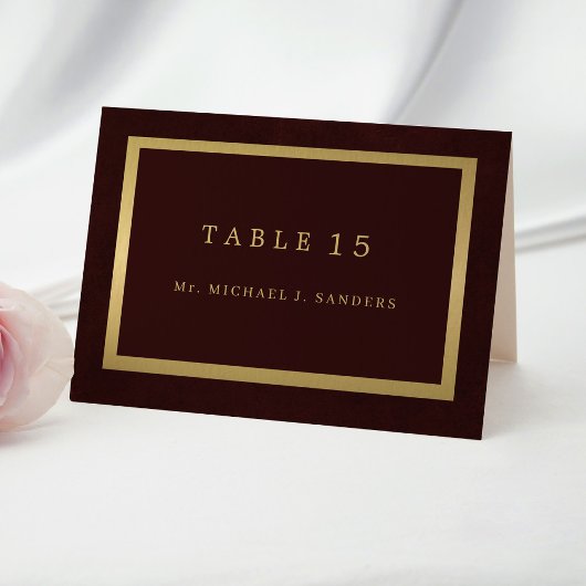 Gold burgundy guest name wedding place card  テーブルナンバー