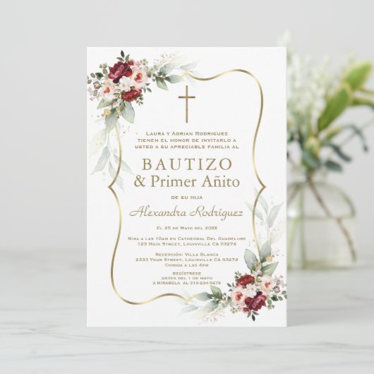 Gold Burgundy Peach Flowers 1st Birthday Baptism  招待状 (スタンド正面)