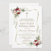 Gold Burgundy Peach Flowers 1st Birthday Baptism  招待状 (正面/裏面)