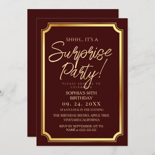 Gold & Burgundy Surprise 50th Birthday Party 招待状 (正面/裏面)
