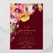 Gold & Burgundy Watercolor Poppies Floral Wedding 箔招待状 (正面)