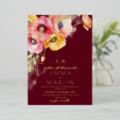 Gold & Burgundy Watercolor Poppies Floral Wedding 箔招待状 (立ち正面)