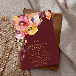 Gold & Burgundy Watercolor Poppies Floral Wedding 箔招待状