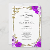 Gold Butterflies Purple Roses 18th Debut Birthday 招待状 (正面)