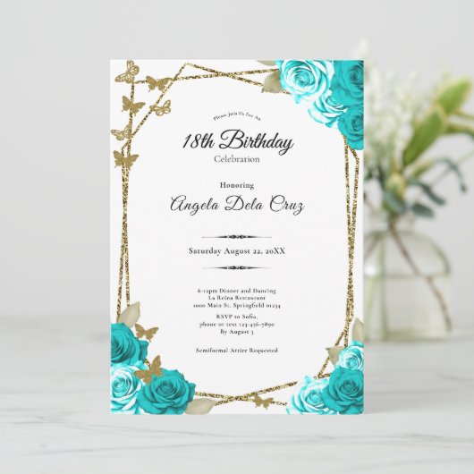 Gold Butterflies Teal Roses 18th Debut Birthday 招待状 (スタンド正面)