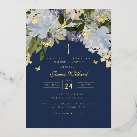 Gold Butterfly Navy Boys First Communion Foil 箔招待状 (正面)