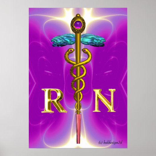 GOLD CADUCEUS REGISTERED NURSE SYMBOL,Pink Fuchsia ポスター (正面)