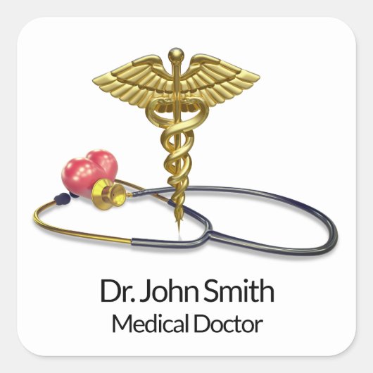 Gold Caduceus & Stethoscope with Heart Medical スクエアシール (正面)