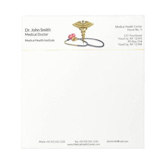 Gold Caduceus & Stethoscope with Heart Medical ノートパッド (正面)