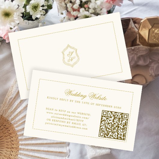 Gold calligraphy elegant QR code wedding RSVP エンクロージャーカード