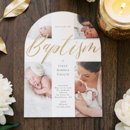 Gold Calligraphy Photo Collage Baby Baptism Cross 招待状