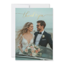 Gold Calligraphy Wedding Photo Thank You Card