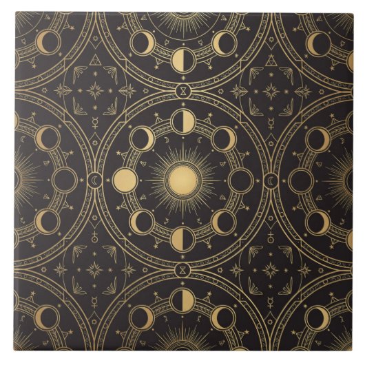 Gold Celestial Sun Moon Phases Geometric Pattern タイル (正面)